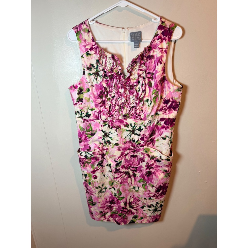 Rabbit Rabbit Rabbit Petite Floral Ruffle V-Neck Sheath Dress Pink Purple 14P - Picture 2 of 8
